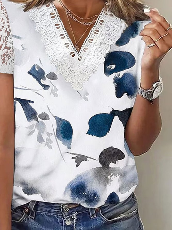 Floral Casual Lace V Neck Shirt