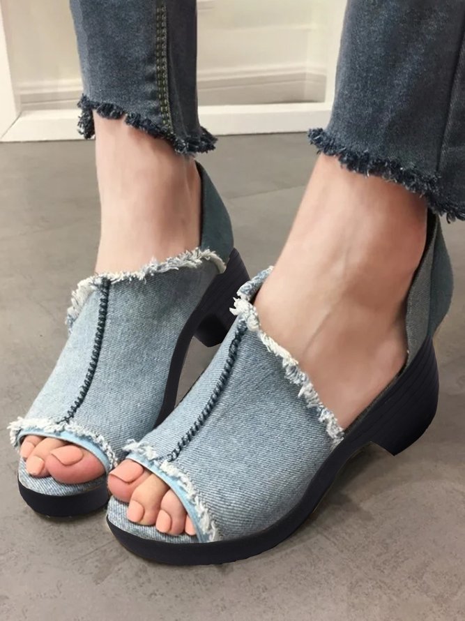 Blue Denim Tassel Peep Toe Chunky Heel Sandals