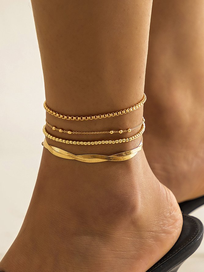 Urban Casual Silver Metal Beaded Multilayer Anklet Vacation Party Women's Jewelry