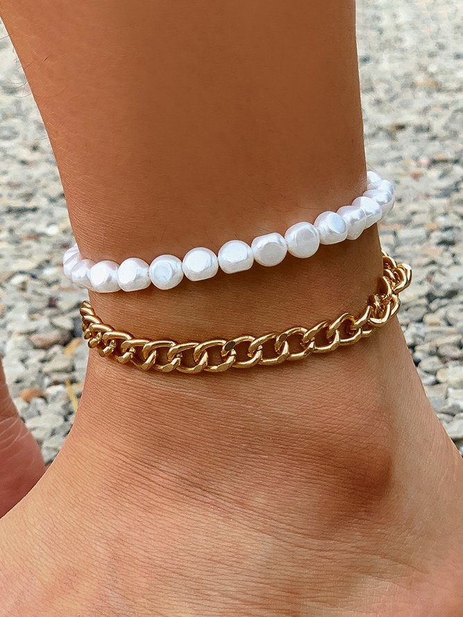 Casual Gold Metal Pearl Beaded Layered Anklet Holiday Bohemian Women Jewelry