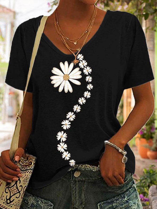 Loose V Neck Casual Floral T-Shirt