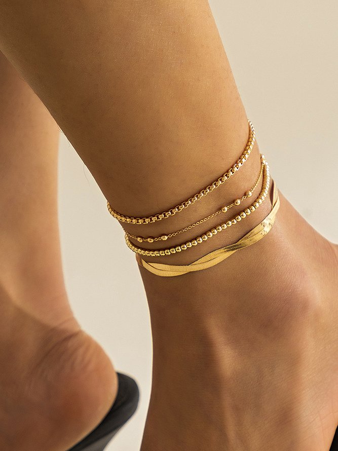 Urban Casual Silver Metal Beaded Multilayer Anklet Vacation Party Women's Jewelry