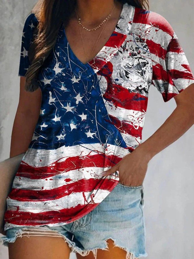 America Flag Loose Casual V Neck T-Shirt