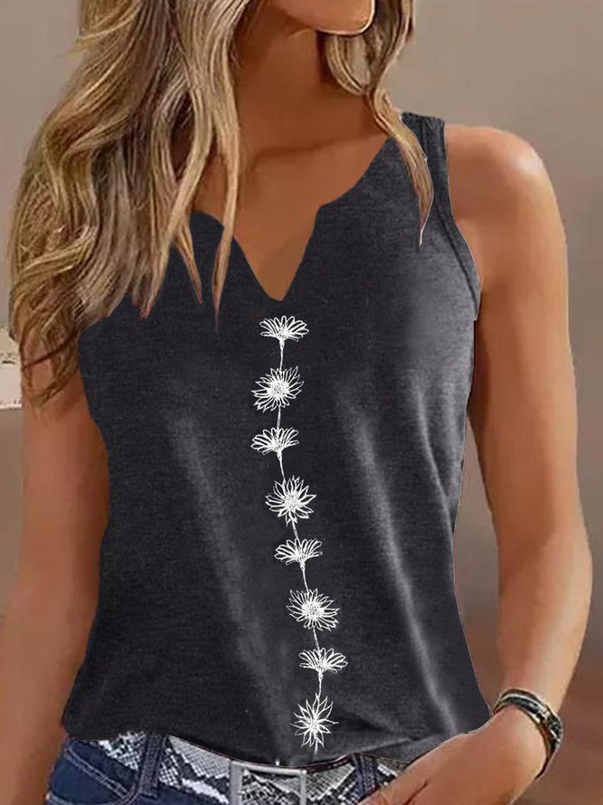 Casual Regular Fit Notched Floral Tank Top