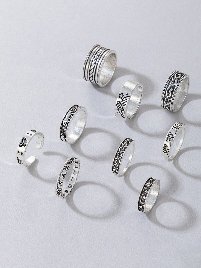 9Pcs Silver Metal Floral Pattern Ring Set Vacation Music Festival Women Jewelry