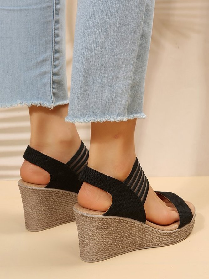 Linen Split Joint Slip On Wedge Heel Sandals