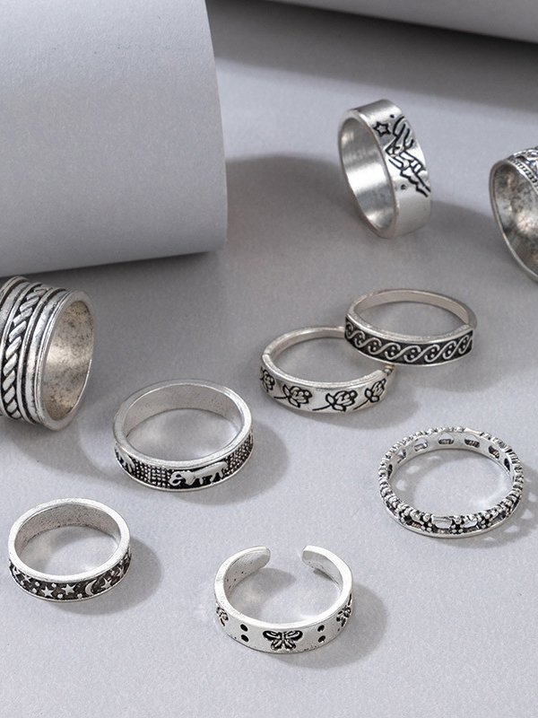 9Pcs Silver Metal Floral Pattern Ring Set Vacation Music Festival Women Jewelry