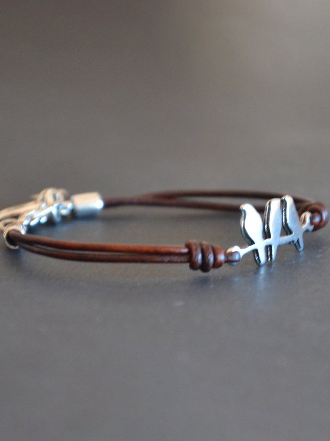 Vintage Silver Metal Bird Pattern Leather Bracelet Western Ethnic Women's Jewelry