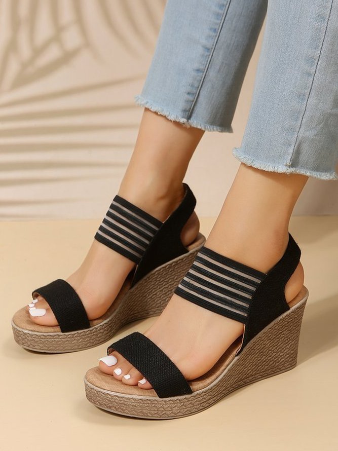 Linen Split Joint Slip On Wedge Heel Sandals
