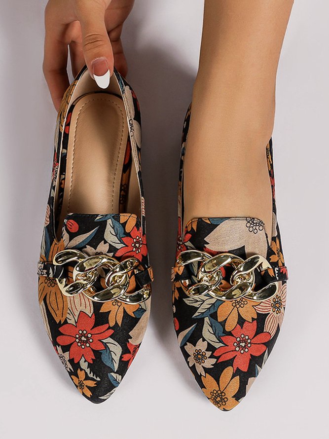 Floral Pattern Chain Decor Point Toe Flat Shoes