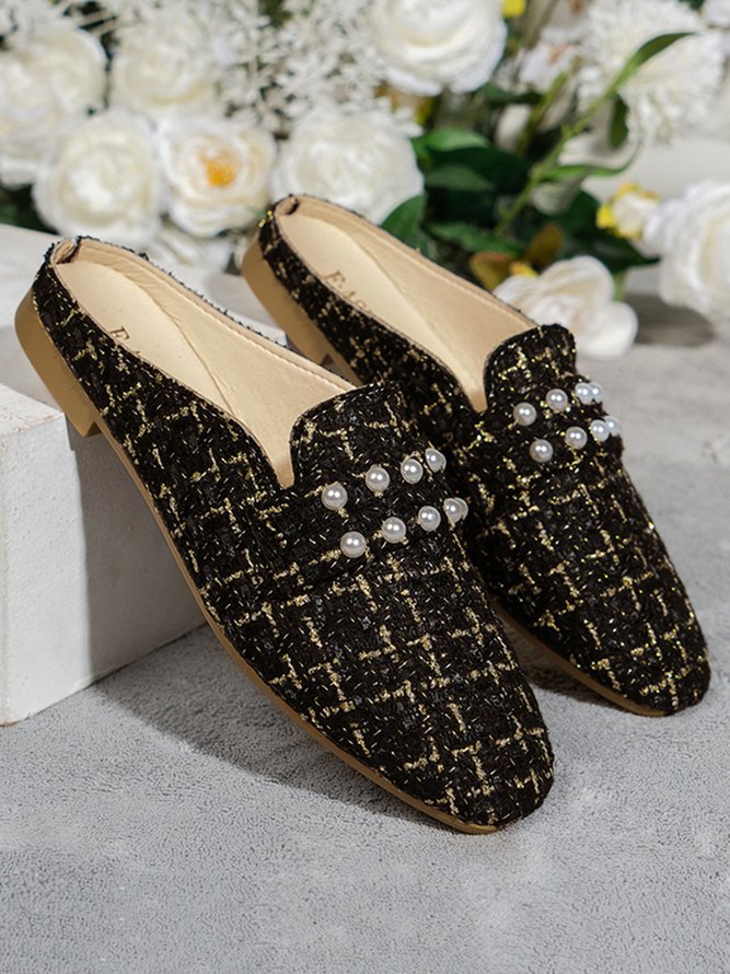 Women Plaid Pattern Faux Pearl Decor Mules