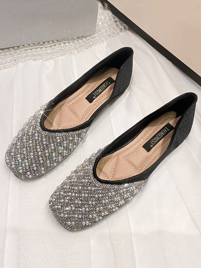 Shiny Beads Square Toe Slip On Flat Dress Shoes