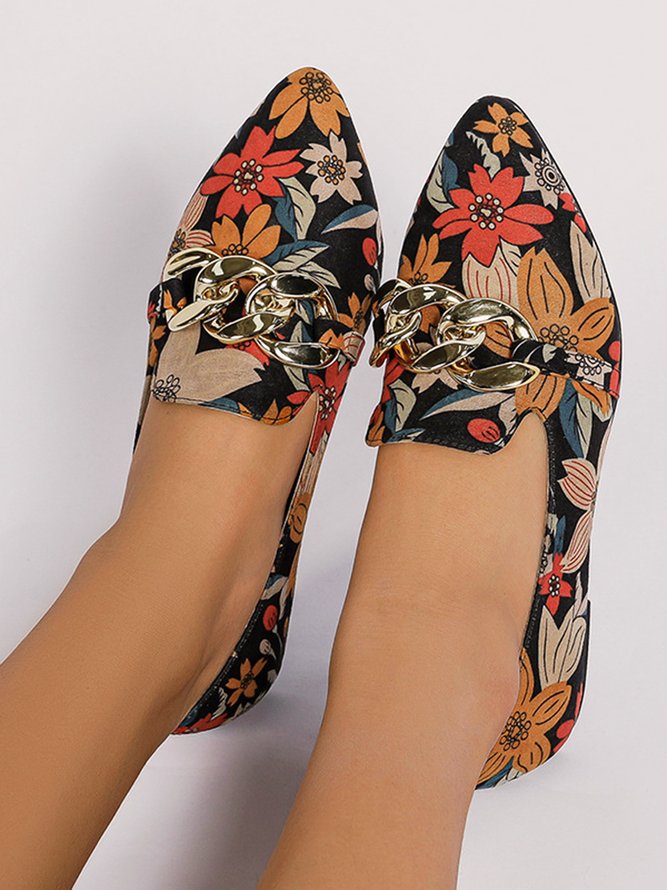 Floral Pattern Chain Decor Point Toe Flat Shoes