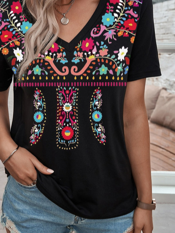 Casual V Neck Loose Ethnic T-Shirt