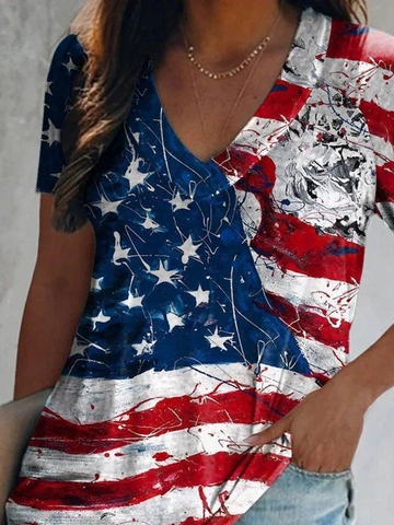 America Flag Loose Casual V Neck T-Shirt