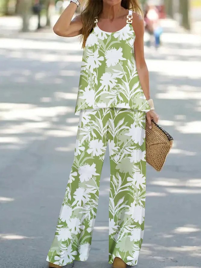 Buckle Loose Floral Printed Casual Two-Piece Set