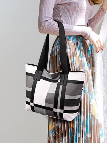 Casual Leather Contrast Check Tote Shoulder Bag Daily Urban