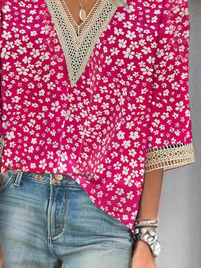Floral Lace Casual Vacation Three Quarter Shirt