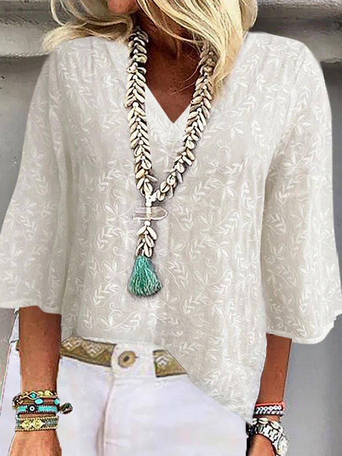 Plus Size Casual Plain Lace V Neck Shirt