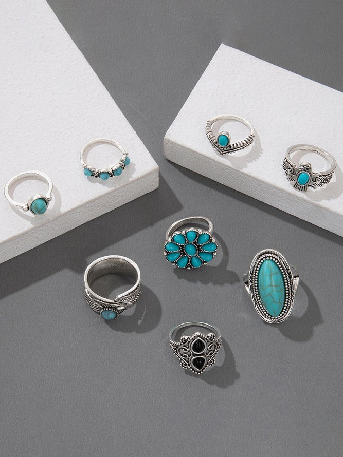 Ethnic Style Silver Metal Inlaid Turquoise Ring Set Retro Casual Women's Jewelry