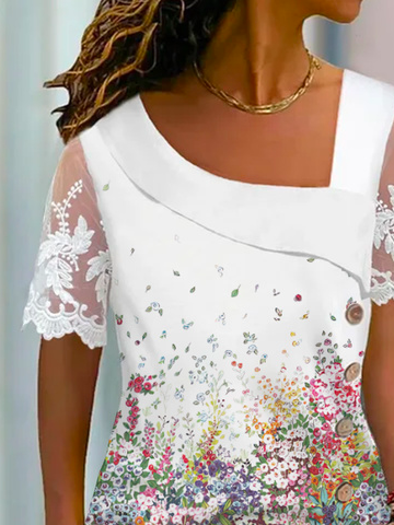 Floral Printed Asymmetrical Neck Lace Casual Shirt