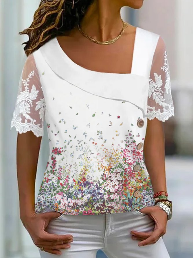 Floral Printed Asymmetrical Neck Lace Casual Shirt