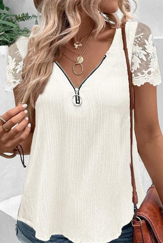 Casual V Neck Loose Lace Shirt