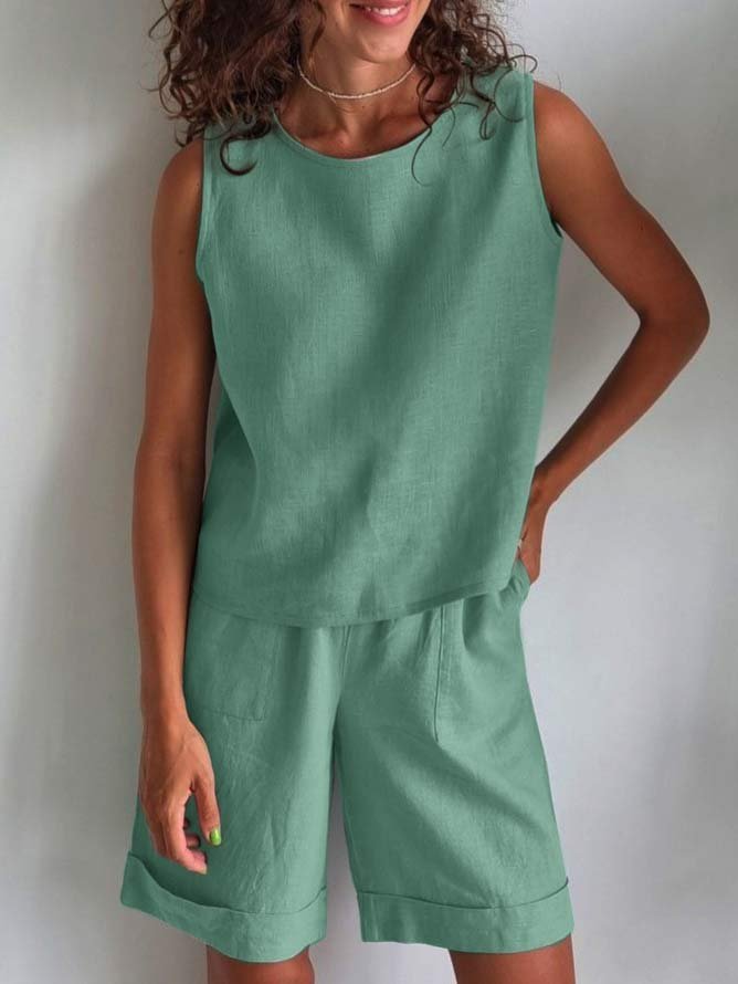 Plain Sleeveless Crew Neck Tank Top With Pockets Shorts Casual Two-Piece Set