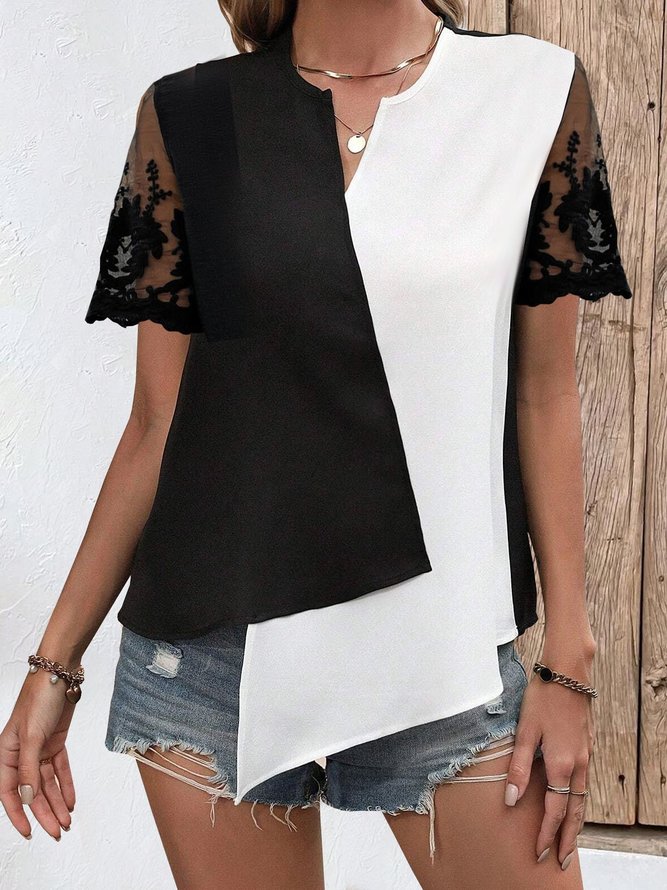 Patchwork Lace Notched Color Block Casual Blouses