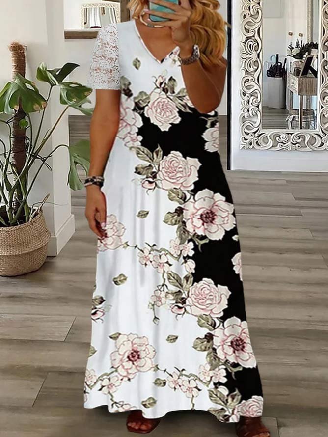 Plus Size Jersey Vacation Regular Fit V Neck Dress