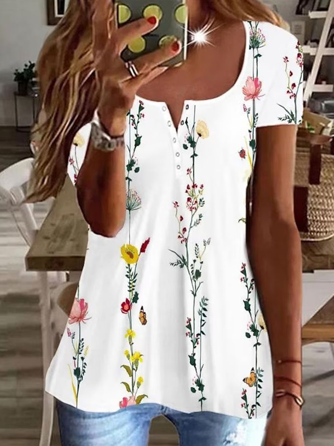 Casual Square Neck Floral Buckle Shirt