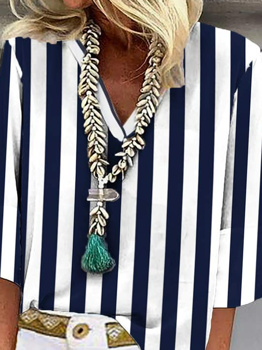 Striped V Neck Printing Casual Shirt