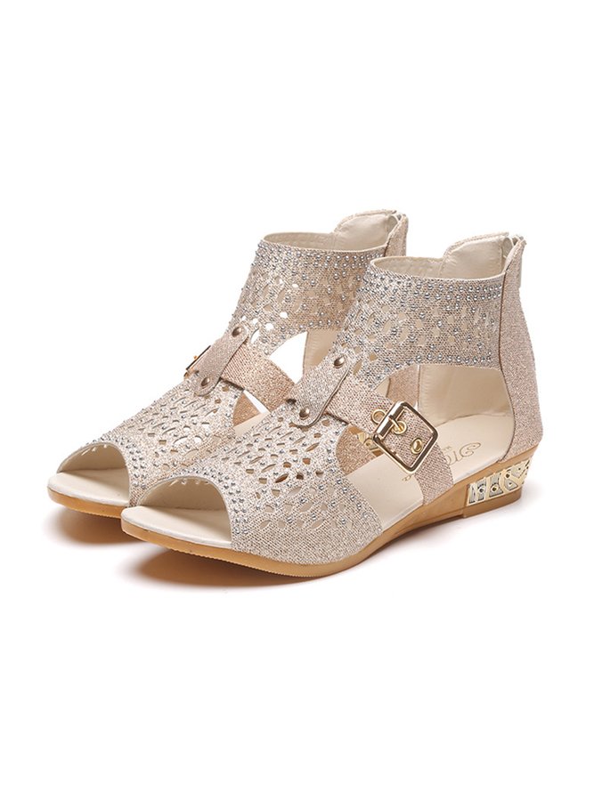 Party Glitter Cutout Buckle Rhinestone Wedge Sandals