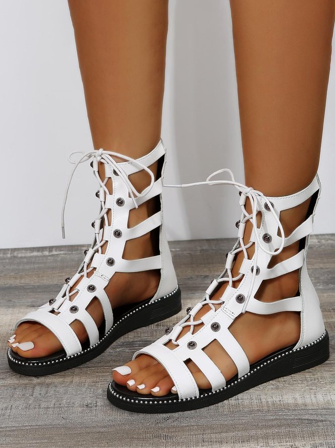 White Cutout Ankle Strap Lace-Up Loafers