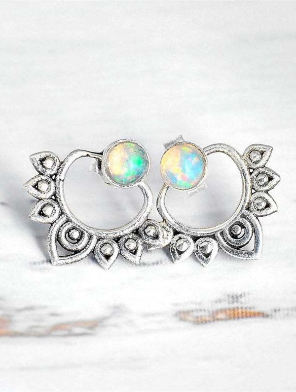 Vintage Turquoise Moonstone Ethnic Pattern Earrings Women's Opal Jewelry