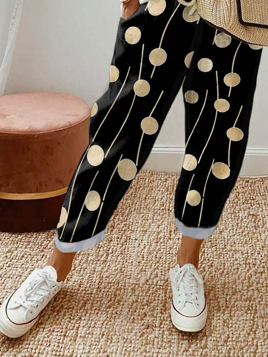 Polka Dots Geometric Printed Lace-up Pockets Casual Pants