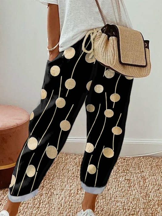 Polka Dots Geometric Printed Lace-up Pockets Casual Pants