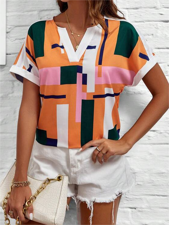 Notched Casual Raglan Sleeves Loose Geometric Shirt
