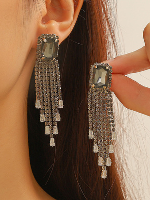 Elegant Square Gemstone Tassel Earrings Party Wedding Jewelry For Women