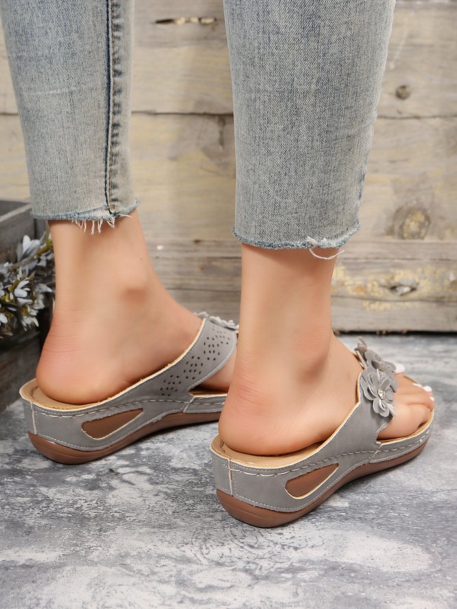 Women Applique Decor Massage Flip-flops Wedge Slide Sandals