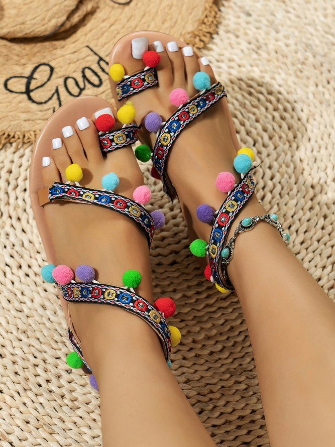 Boho Fuzzy Ball Toe Ring Beach Sandals
