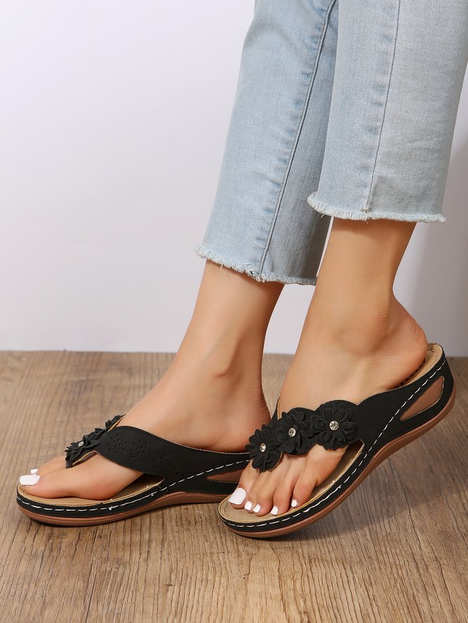 Women Applique Decor Massage Flip-flops Wedge Slide Sandals