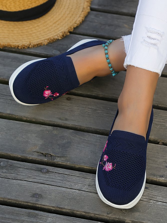 Floral Embroidery Breathable Mesh Fabric Slip On Sneakers