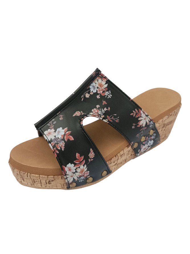 Vintage Floral Printing Wedge Heel  Slide Sandals