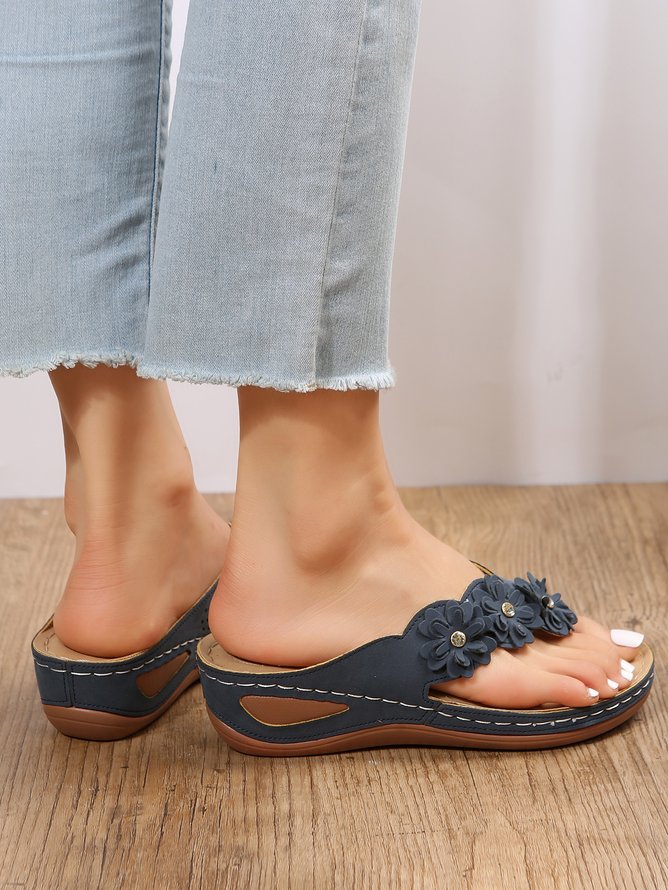 Women Applique Decor Massage Flip-flops Wedge Slide Sandals
