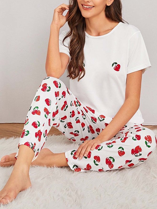 Check Cherry Print Casual Loose Pajama Set