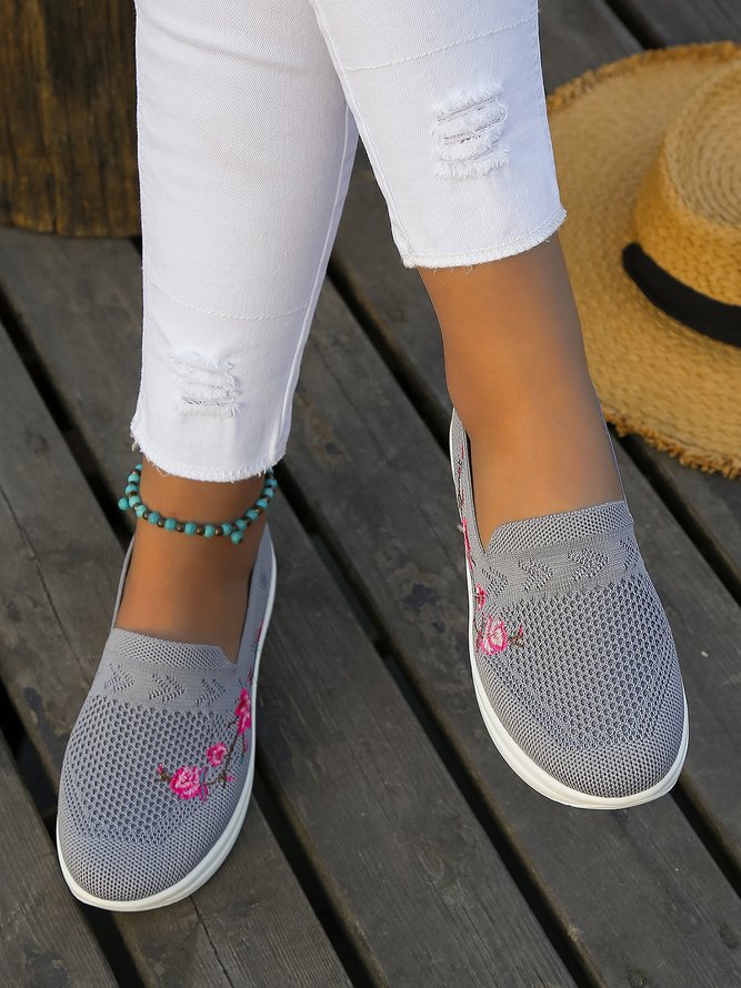 Floral Embroidery Breathable Mesh Fabric Slip On Sneakers