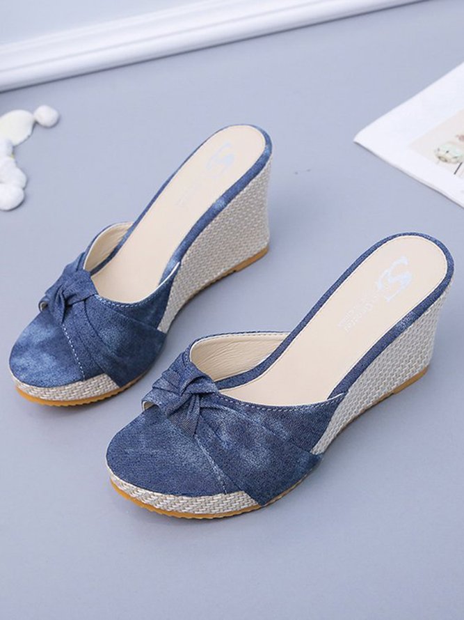 Bowknot Denim Wedge Slide Sandals