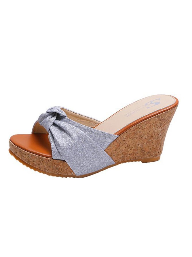 Bowknot Denim Wedge Slide Sandals