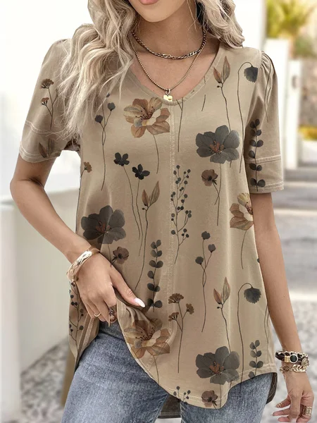 Plus Size Floral Loose Jersey Casual T-Shirt